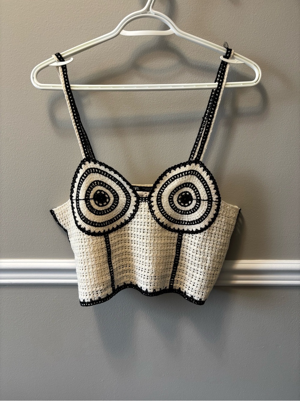 Zara Cream and Black Crochet Bustier Top